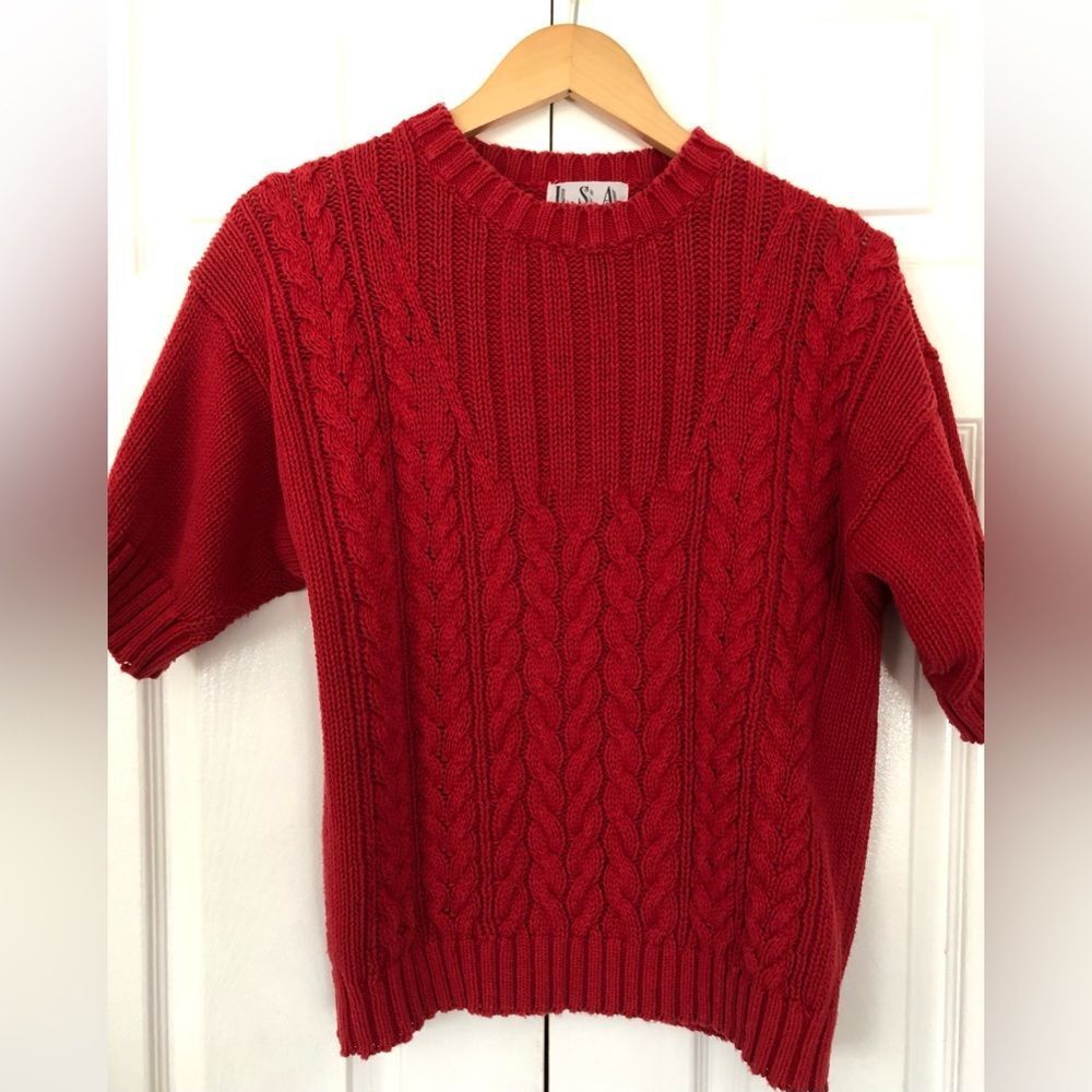 Vintage Sweater Red Cable Knit Short Sleeve Crew Neck Size M
